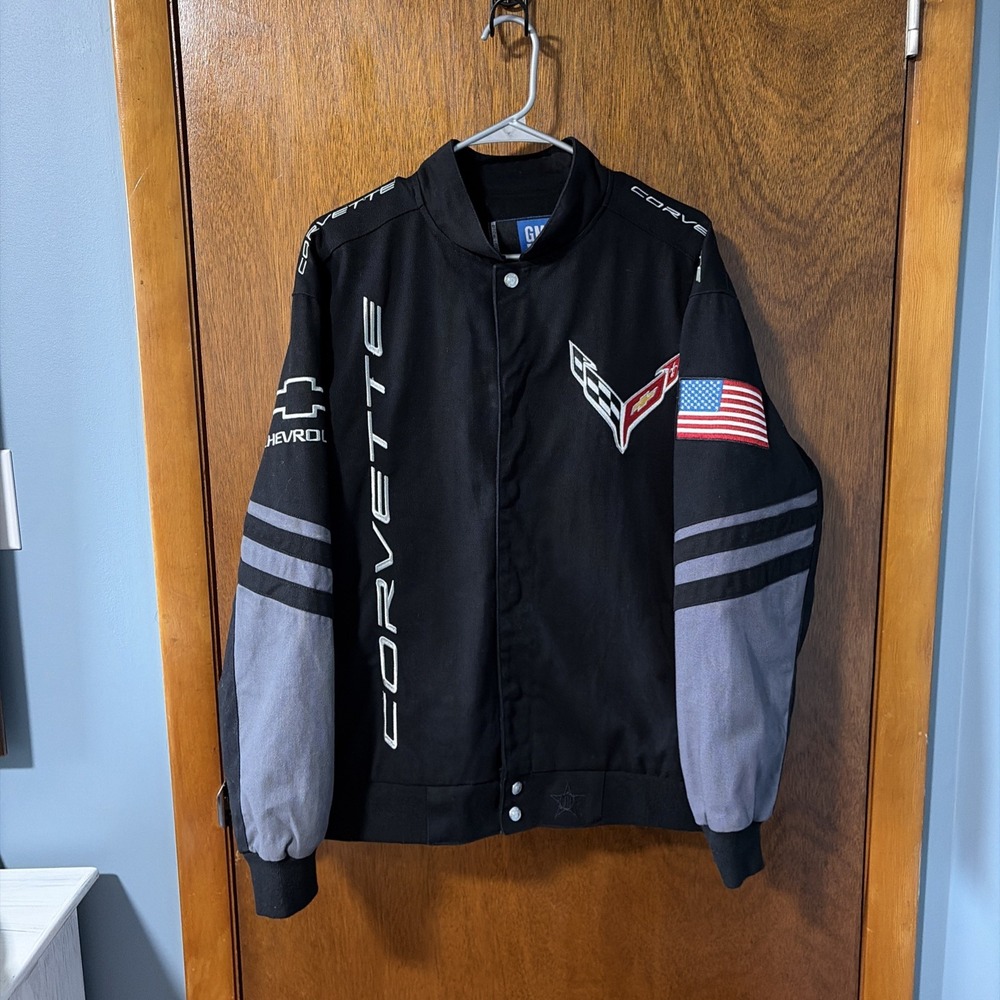 NASCAR Chevrolet Corvette Men Large Black Twill Embroidered Jacket JH Design